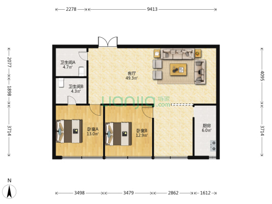 航空大厦 2室1厅2卫 122平方