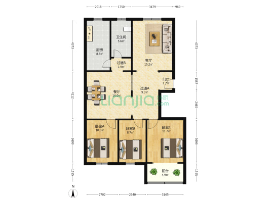 新湖花苑 3室2厅1卫 127平方