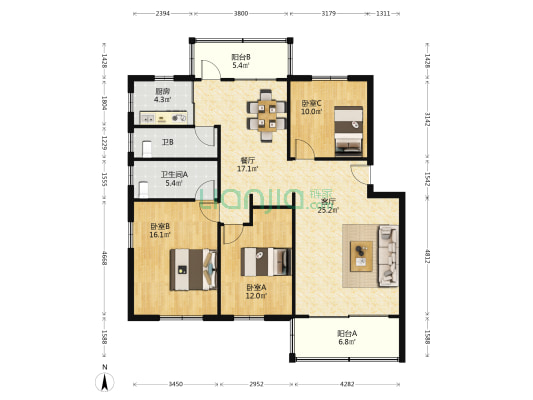 华兴二街1号 3室2厅2卫 122平方