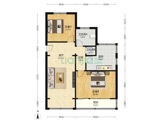 小沟头粮油小区 2室1厅2卫 105平方