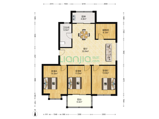 锦绣天第 3室1厅1卫 131平方