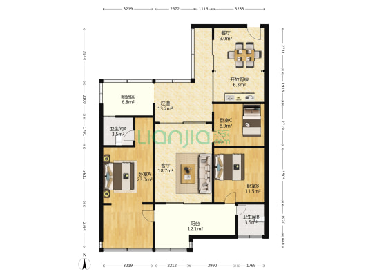 岐黄养生大院 3室2厅2卫 96平方
