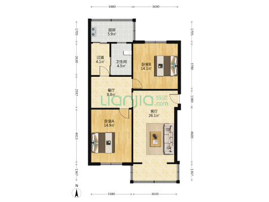 山西省城乡规划设计院小区 2室2厅1卫 90平方