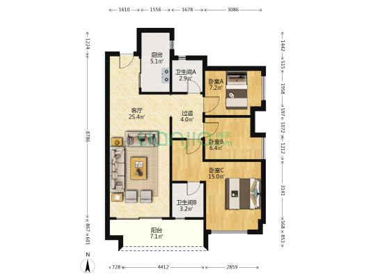 保利天环花园 3室1厅2卫 101平方