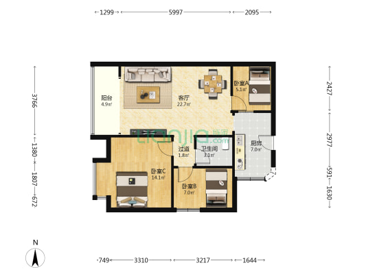 金泉阳光花园 3室1厅1卫 77平方