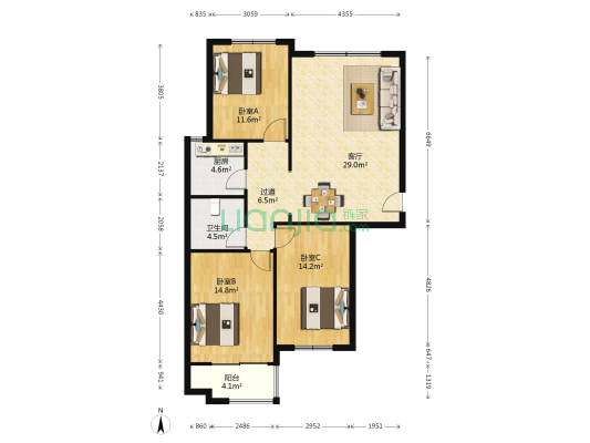 联益家苑 3室1厅1卫 119平方