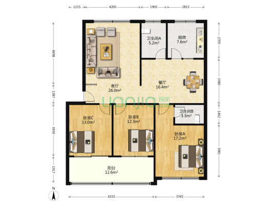 泰前回迁楼 3室2厅2卫 137平方
