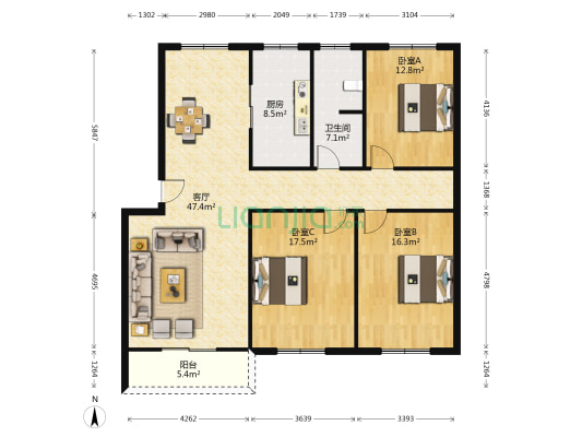 幸福园 3室1厅1卫 129平方