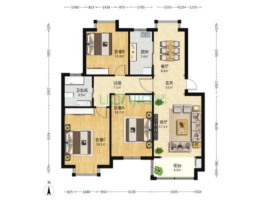 松竹苑一区 3室2厅1卫 109平方