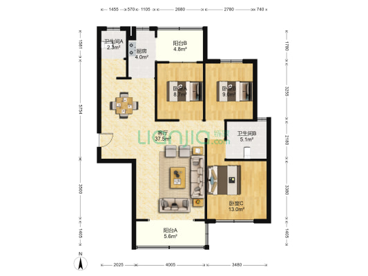 龙骧华城 3室1厅2卫 126平方