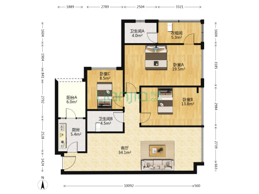 朗基御今缘 3室1厅2卫 108平方