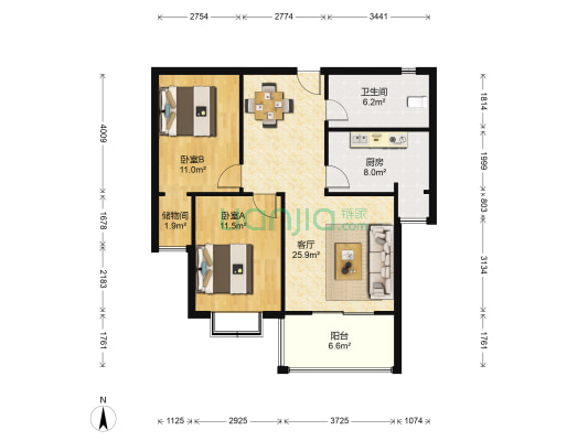 雷沃花苑 2室1厅1卫 93平方