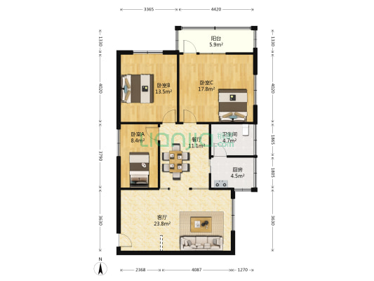 金丰花园 3室2厅1卫 97平方