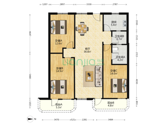 鹏瑞丰楼 3室1厅2卫 136平方