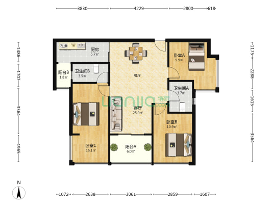 路福星光上轩 3室1厅2卫 121平方
