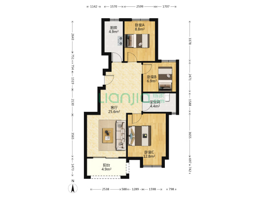 云都汇中心 3室1厅1卫 89平方