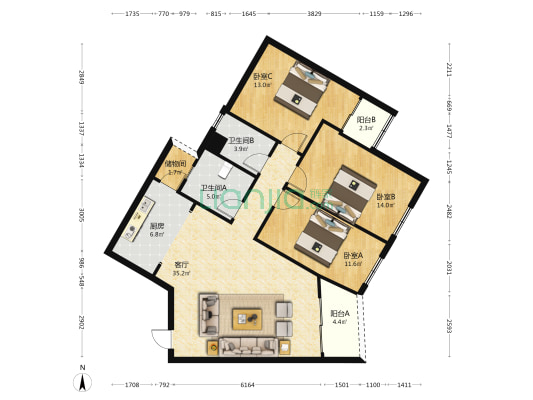 宇建城市花园 3室1厅2卫 127平方