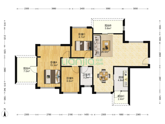 爱琴半岛 3室2厅1卫 89平方