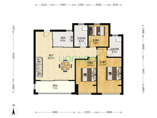 上瑞阁北区 3室1厅2卫 107平方