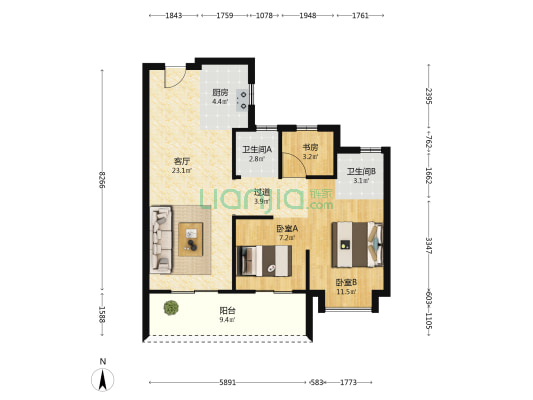 融创翡翠海岸城融耀学府里 3室1厅2卫 89平方
