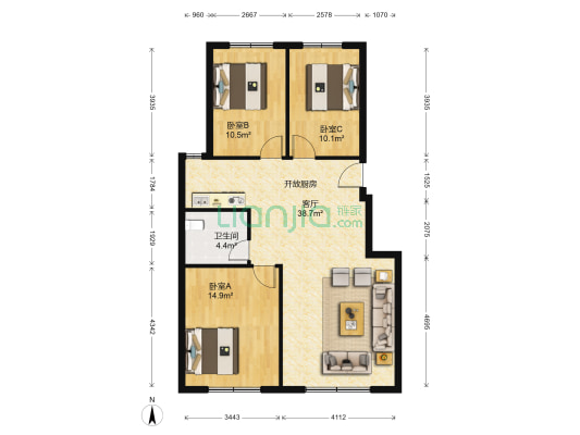 领秀蓝珀湖二期 3室1厅1卫 104平方