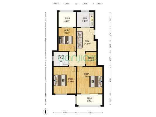 金山别墅 3室1厅1卫 89平方