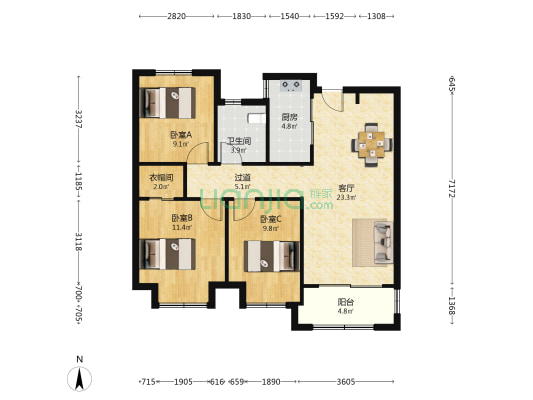 金隅南七里澜山园 3室1厅1卫 93平方
