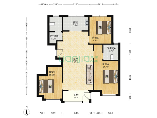 中交天郡北苑 3室1厅2卫 109平方