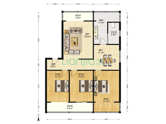 汤家园 3室2厅1卫 139平方