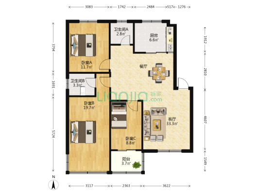 路桥一区 3室1厅2卫 110平方