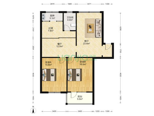 冀荣院 2室2厅1卫 106平方