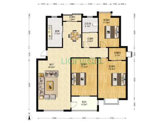 宇华名郡 3室1厅1卫 140平方