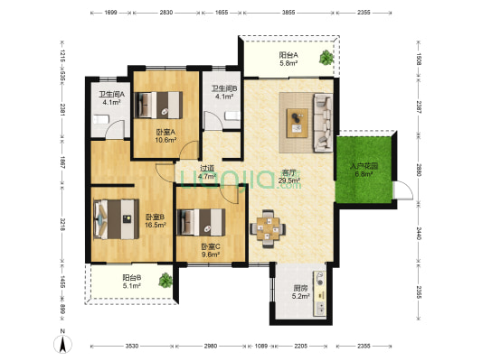 四通八达国际广场A区 3室1厅2卫 121平方