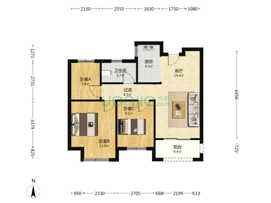 东站前府二期北苑 3室1厅1卫 87平方