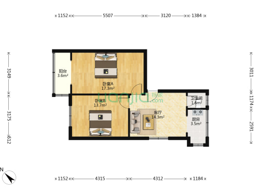 抚琴西北街1号 2室1厅1卫 61平方
