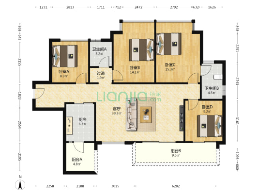 麓鸣九天麓吟苑 4室1厅2卫 140平方