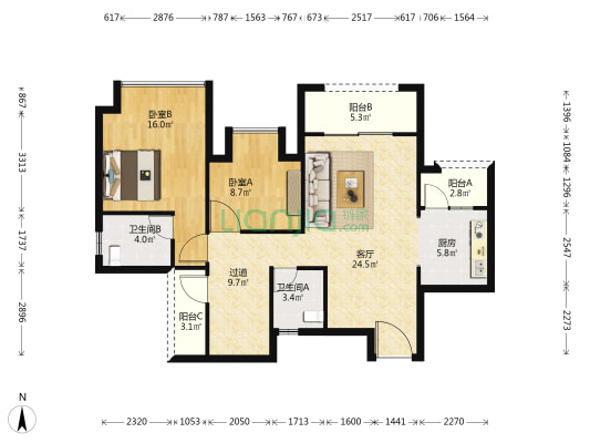 中德时光岭 2室1厅2卫 98平方