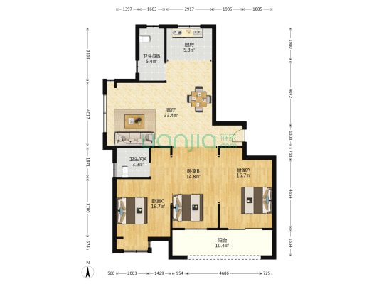 高新嘉园 3室1厅2卫 132平方