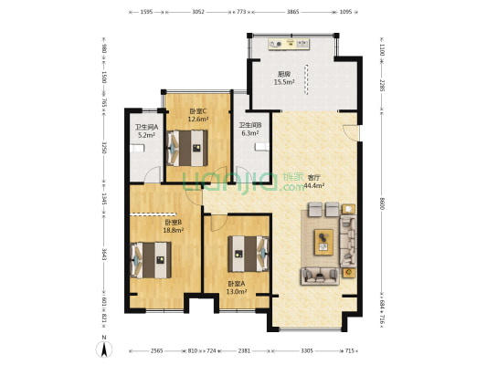 万达华府 3室1厅2卫 142平方