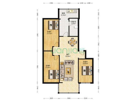 清邻街3号 3室1厅1卫 116平方