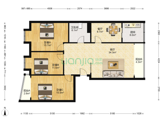 鸿景园 3室2厅1卫 138平方