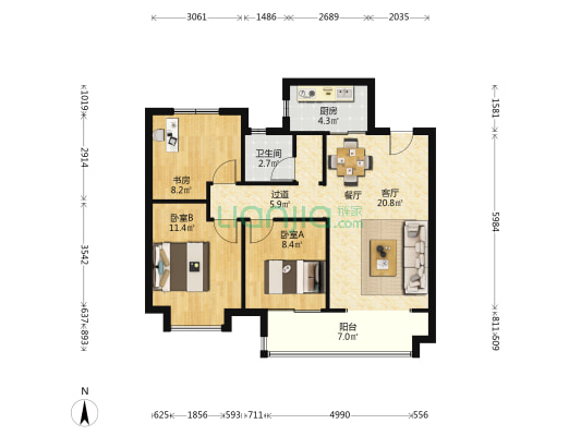 江山庐州印印江园 3室1厅1卫 96平方