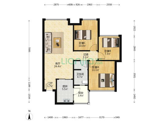 御澜台 3室1厅1卫 91平方