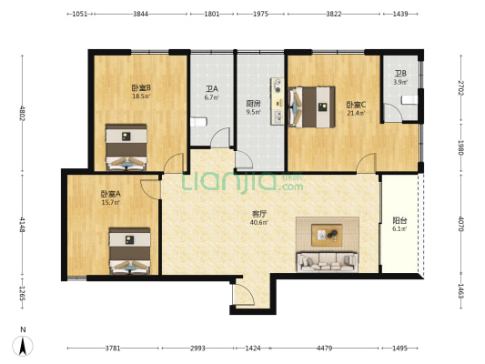 跃华路 3室1厅2卫 133平方