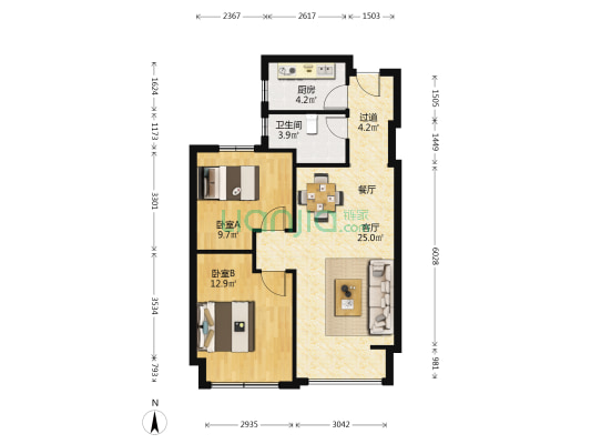 环贸中心 2室1厅1卫 90平方