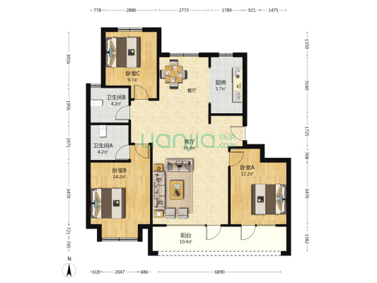 河畔嘉园 3室1厅2卫 125平方