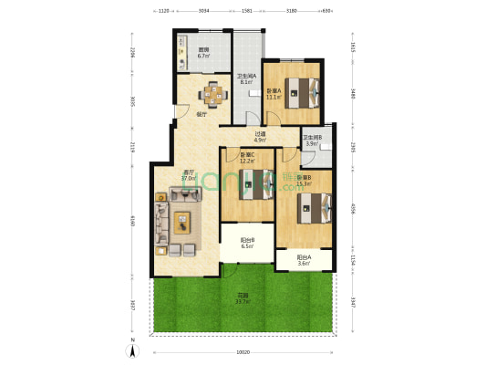 大鸿城福园 3室1厅2卫 137平方