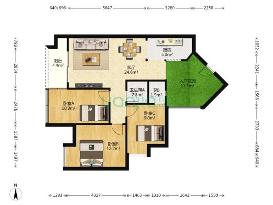 逸雅苑 3室1厅2卫 92平方