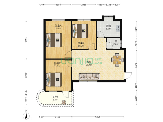 万代渔洲花园 3室1厅1卫 86平方
