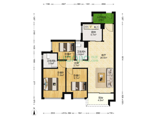 时代花城（二期） 3室1厅2卫 97平方
